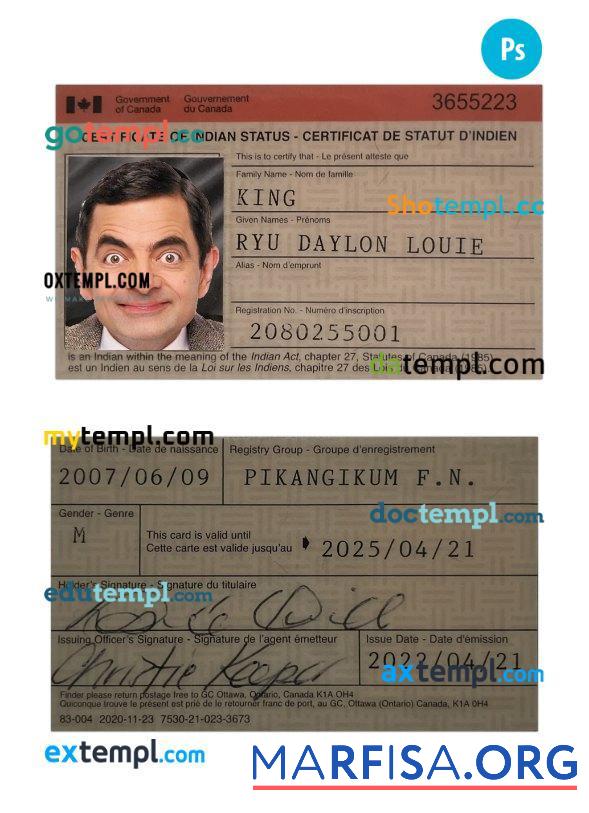 Blank Canada certificate of Indian status download for verification